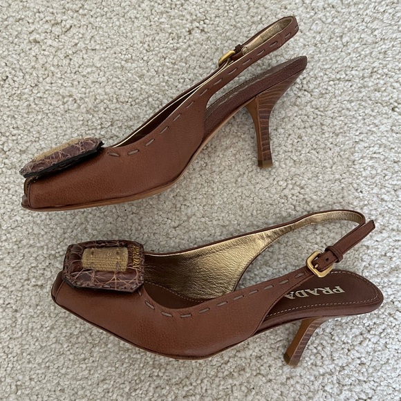 Vintage Prada 90s Logo Raffia Buckle Leather Slingback Sandals Heels Brown 35 5 - Picture 3 of 11